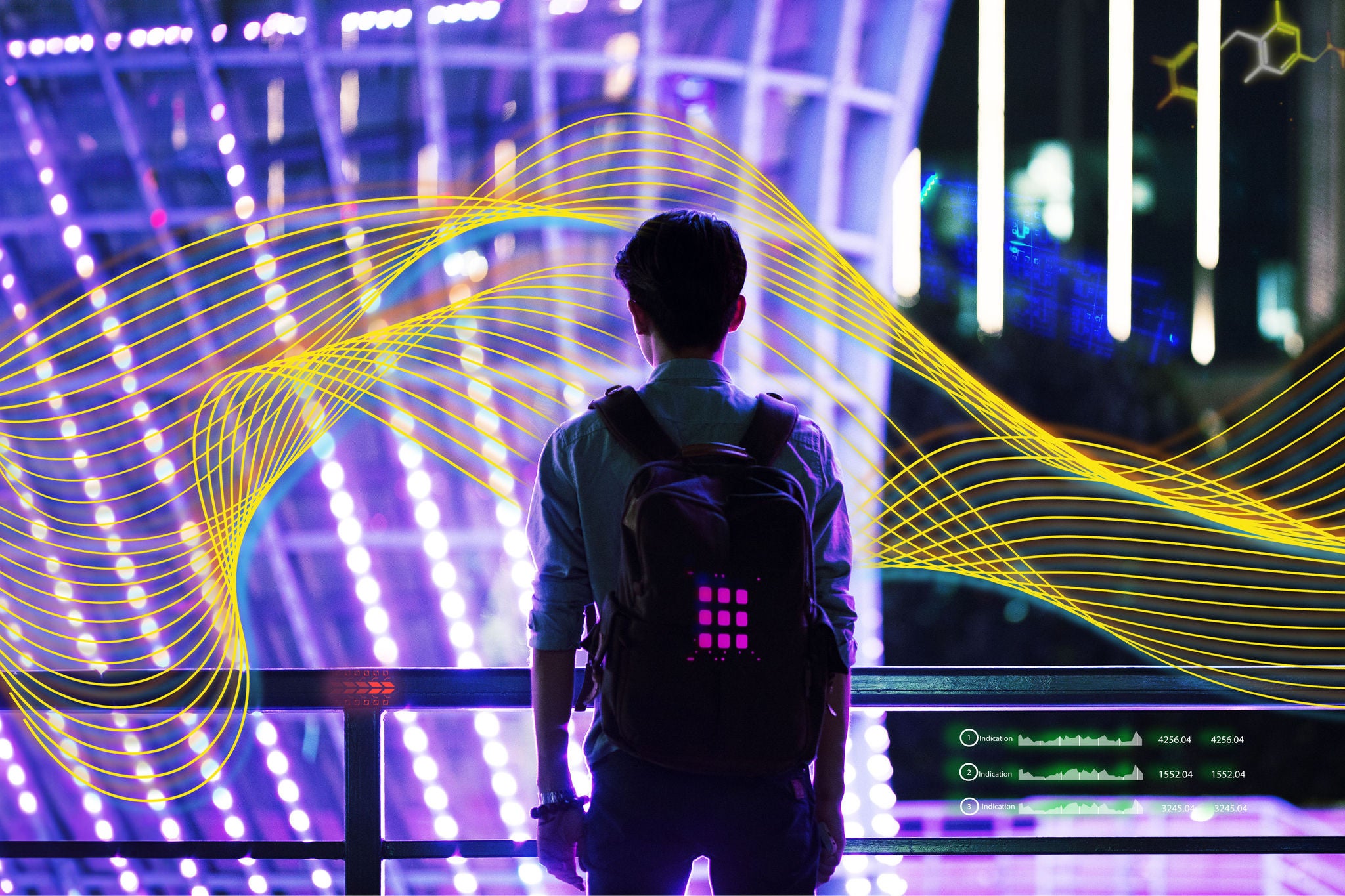 Man looking at purple city