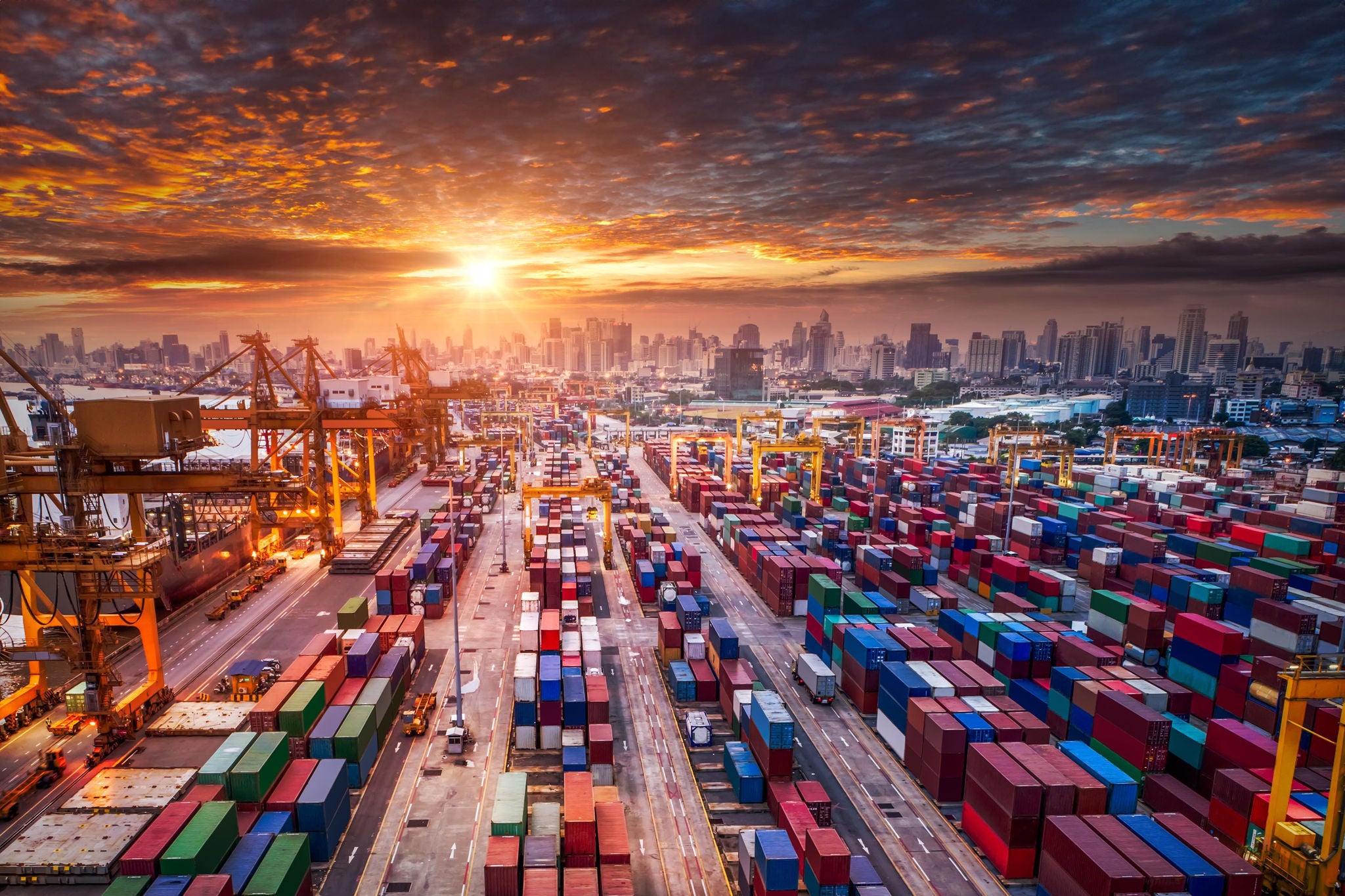 Container ship in import export and business logistic, By crane, Trade Port, Shipping cargo to harbor, Aerial view from drone, International transportation, Business logistics concept