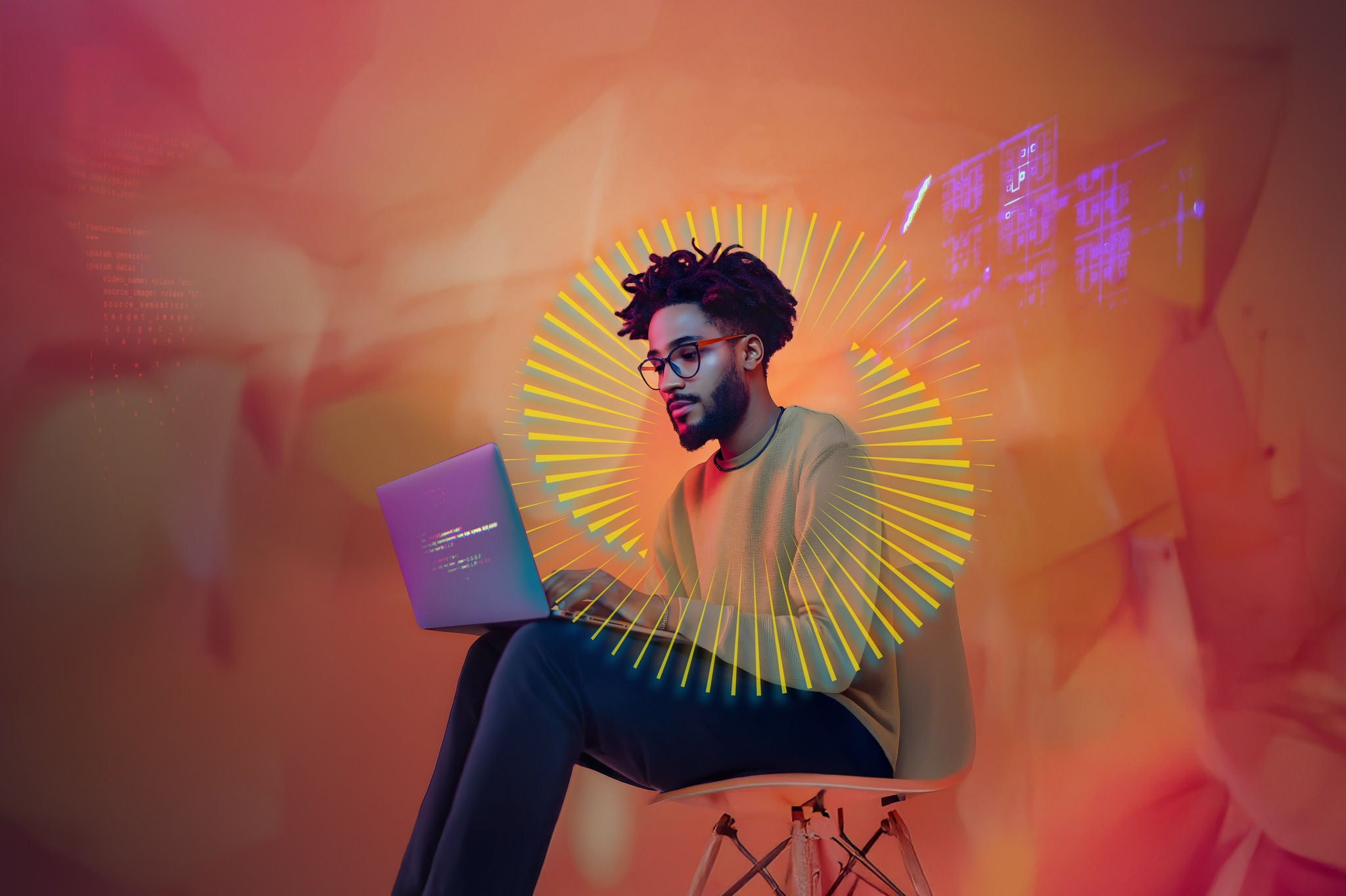 Happy young man with laptop on color background