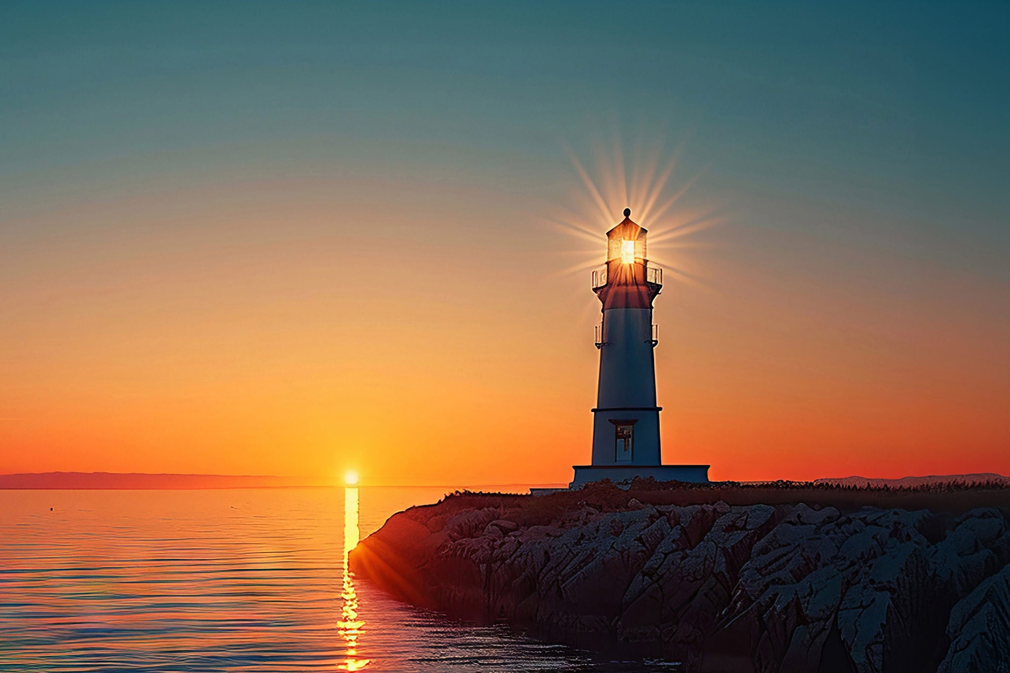 Sunset over Ocean with Lighthouse in Tranquil Scene