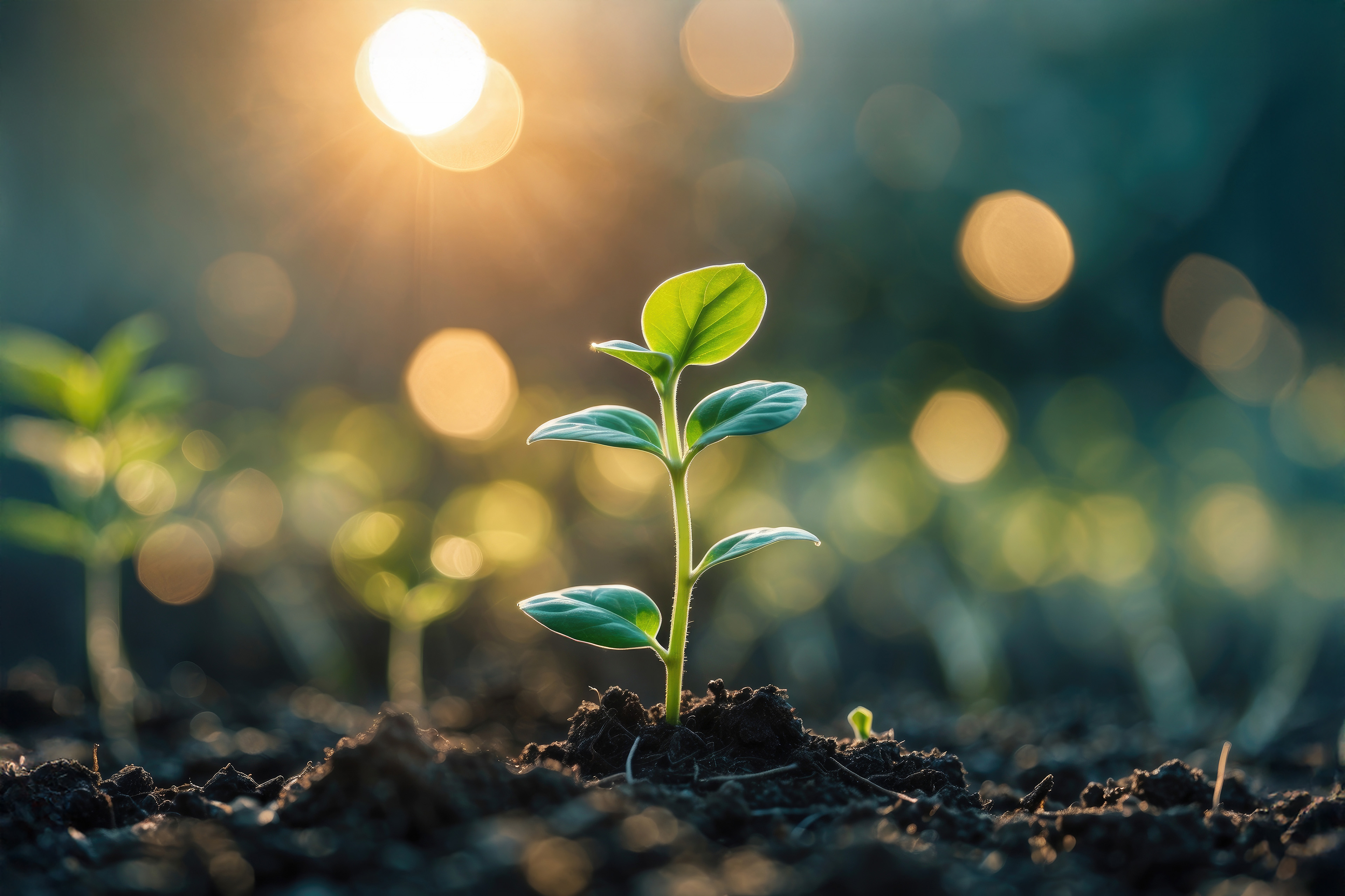Sprouting plant. A young plant illuminated by sunlight with lens flare and bokeh effects