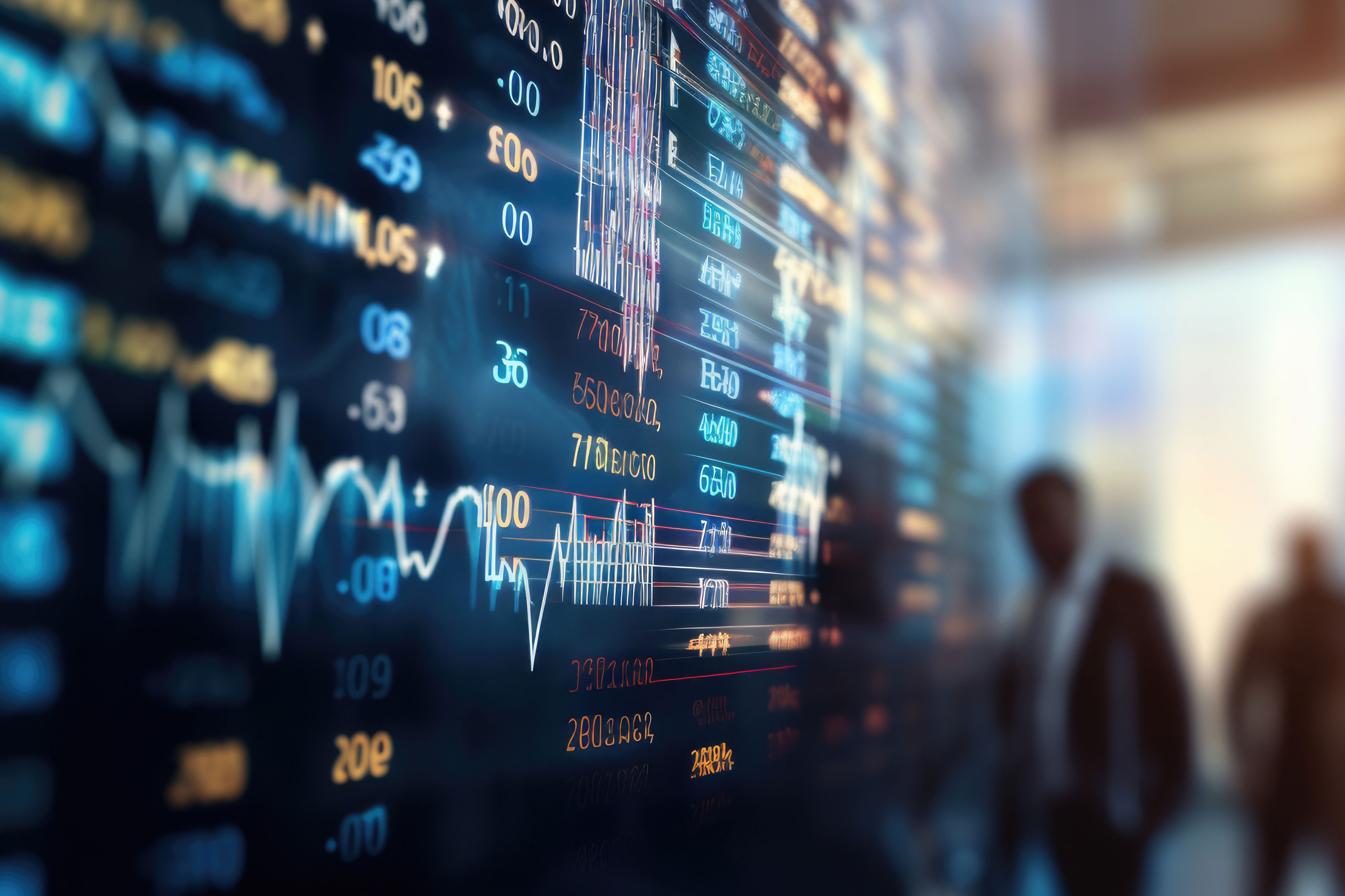 Blurred scene of people in a city looking at a digital stock market display